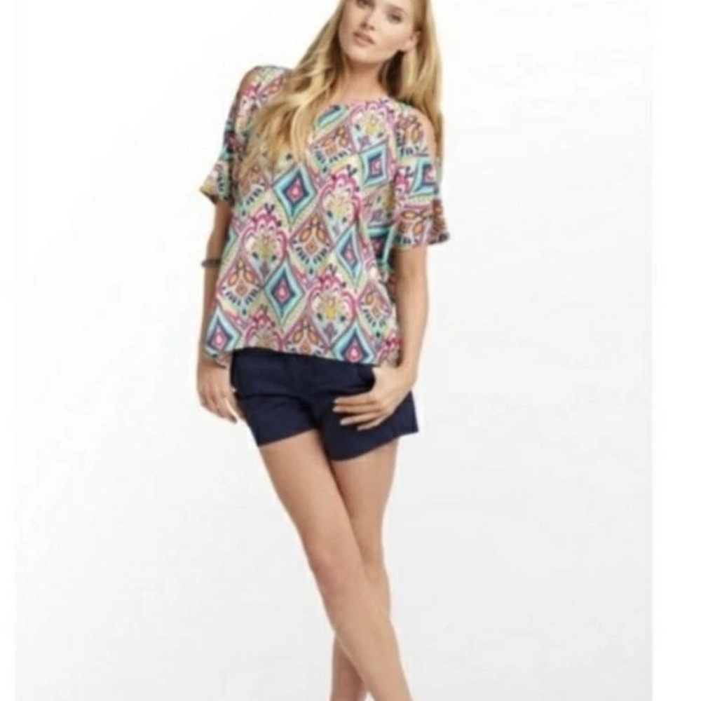 SILK Lilly Pulitzer Cold-Shoulder Printed Tee in Pink, Turquoise & Yellow